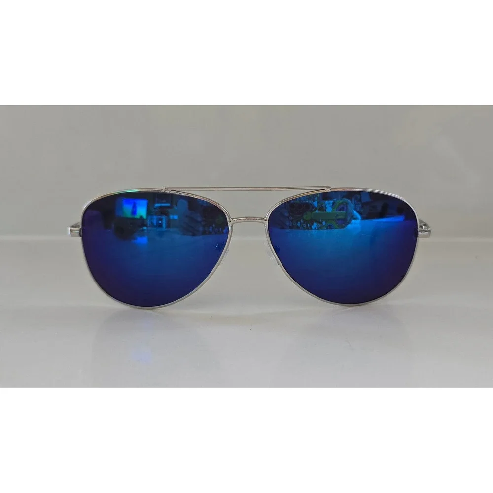 Silver Aviator Sunglasses Blue Mirrored Lens Metal Frame Double Bridge Classic